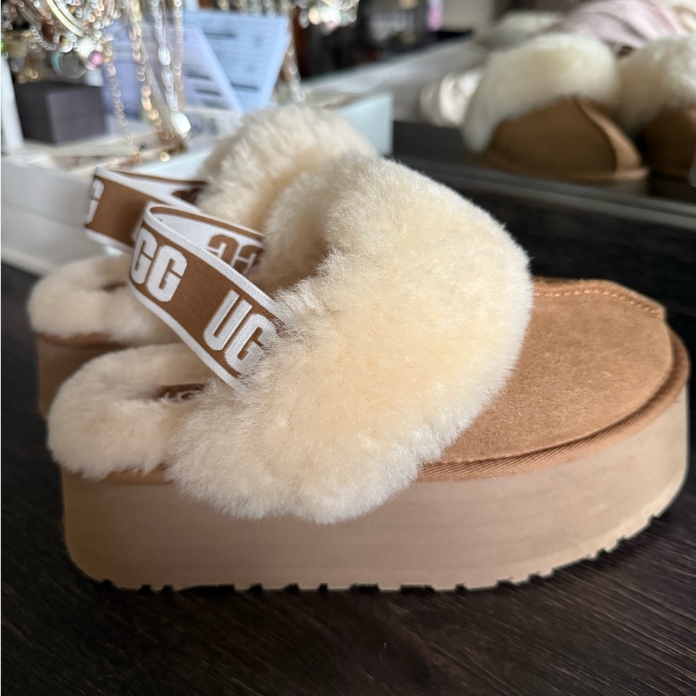 UGG Cream and Tan Fluffy Platform Sandals
